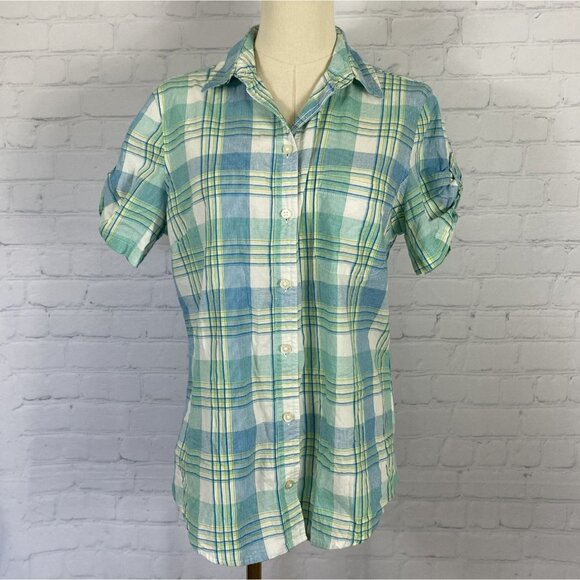 Riders By Lee Small Green Blue Plaid Short Sleeve Button-Up Shirt - Picture 1 of 6